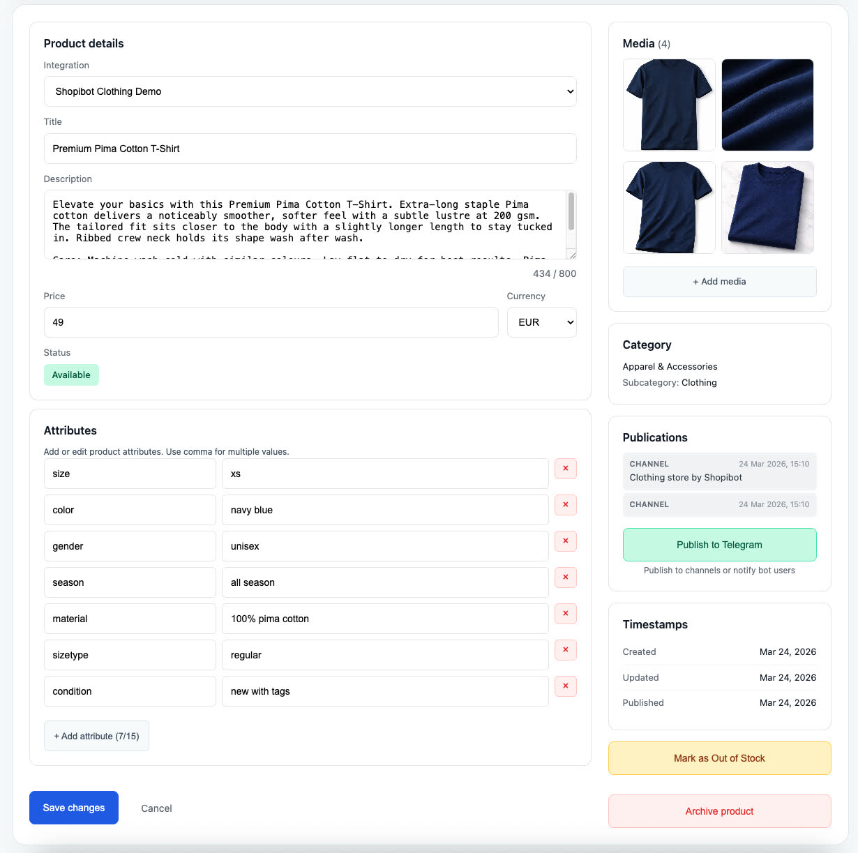 Dashboard product page showing the full edit experience: title, description, price, attributes, media gallery, category, recent channel publications, and the green Publish to Telegram button